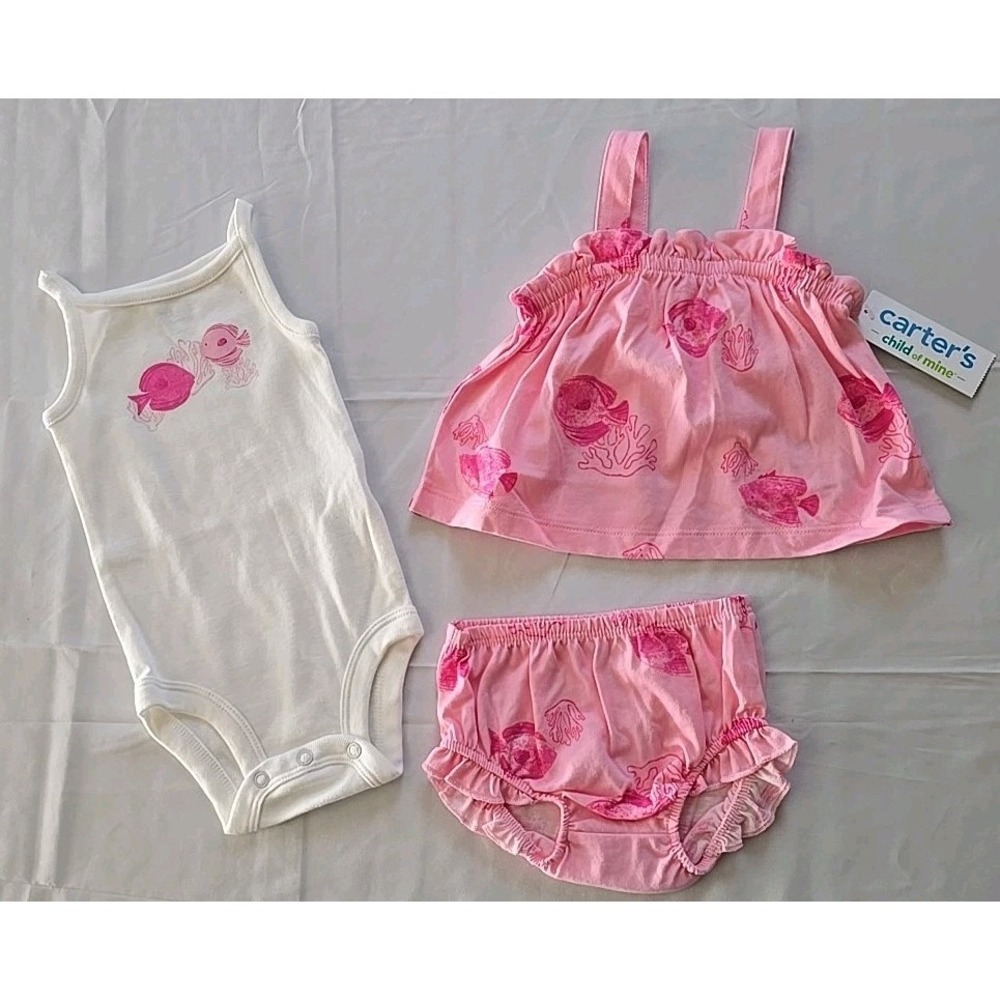 Nwt‎ Carters Baby Girl 3Pc Outfit 0-3 Months Pink Fish Shorts Shirts